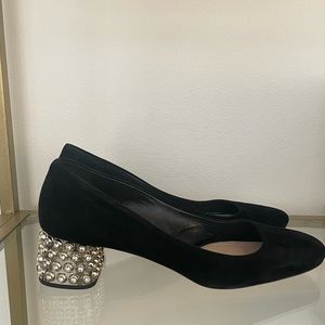 MIU MIU Womens Black Suede Crystal Embellished Block Heel Pumps 40 - PRISTINE